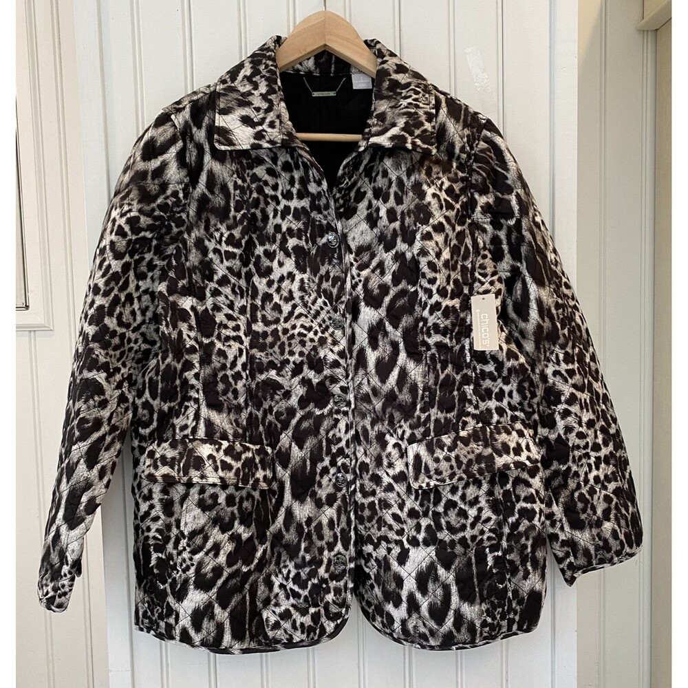 NWT Chico’s Sz 2/Large Snow Leopard Quilted Snap Button Winter Jacket Coat